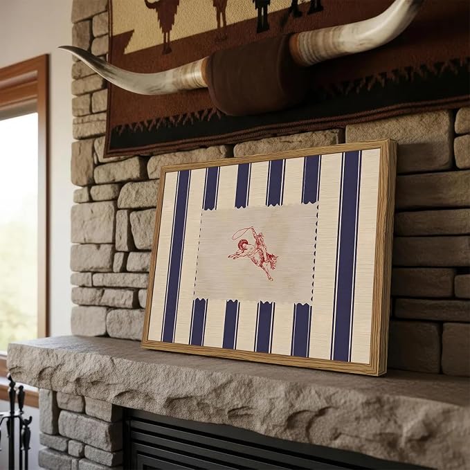 Vintage Western Wall Decor, Striped Rodeo Wall Art Mid Century Southwestern Cowboy Poster Canvas Prints Retro Horse Riding Artwork for Bedroom Living Room Farmhouse 16x24 inch Framed