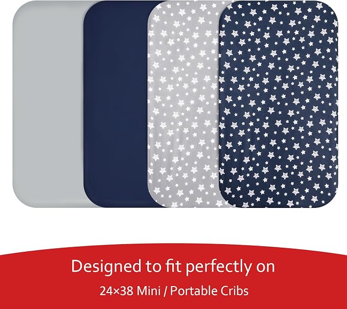 Mini Portable Crib Sheets for Boys (38" X 24") 4 Pack, Compatible with Dream on Me, Delta Porta Crib and Arms Reach Ideal Cosleeper
