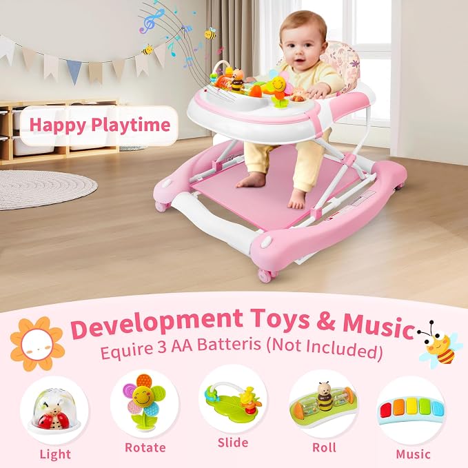 5 in 1 Baby Walker, Music and Lights Walker for Baby Boy Girls 6-12 Months, Foldable Baby Walkers with Wheels and Bouncer Combo Portable, Toddler Infant Walker with Adjustable Height