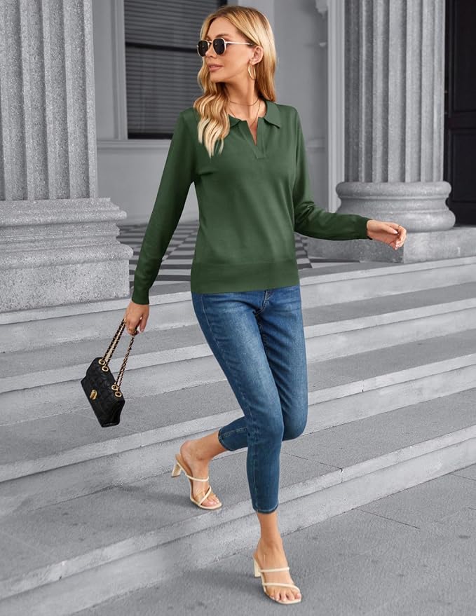 Women's Long Sleeve Classic V Neck Casual Fall Winter Polo Sweater Tops | Basic Collared Knitted Fashion Work Business Formal Daily Wear Versatile Pullover Shirts