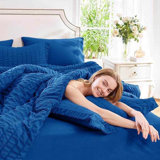 CozyLux King Size Comforter Set Classic Blue Seersucker 7 Pieces Bed in a Bag King Comforter Set with Sheets, Luxury Bedding Set with Down Alternative Comforter, Sheets, Pillowcases & Shams All Season