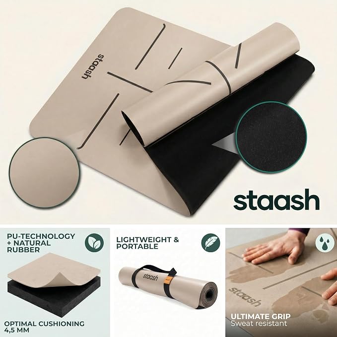 STAASH Premium Yoga Set – PU & Natural Rubber Mat + Towel + Strap + Knee Pad – Non-Slip Grip, Eco-Friendly, Studio Quality