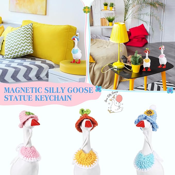 Geyoga 3 Pcs Mini Desk Goose Outfits 7 Inch Mini Knitting Hat and Bandana Knitting Desk Goose Headwear Bibs Accessory for Magnetic Statue Table Decor Gifts (Holiday Style)