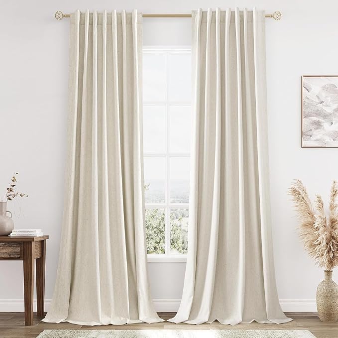 Guken 100% Blackout Linen Curtains 112 Inch Wide by 52 Inch 2 Panels Set for Living Room Bedroom Back Tab Thermal Insulated Black Out Drapes Room Darkening Window Curtains, Linen