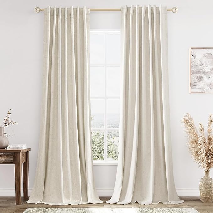 Guken 100% Blackout Linen Curtains 98 Inch Long by 52 Inch Wide 2 Panels Set for Living Room Bedroom Back Tab Thermal Insulated Black Out Drapes Room Darkening Window Curtains, Linen