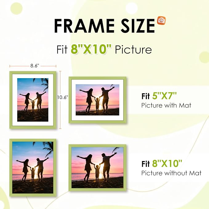 FIXSMITH 8x10 Picture Frame Set of 2, Green Photo Frame with HD Plexiglass, Display Pictures 5x7 with Mat or 8x10 Without Mat Multi Picture Frames Collage for Tabletop or Wall Display