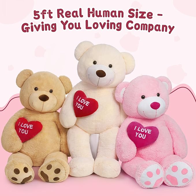 MaoGoLan Giant Teddy Bear 5ft - I Love You Red Heart Big Pink Stuffed Animal - Jumbo Valentines Teddy for Girlfriend, Boyfriend, Wife, Lover - Anniversary, Birthday