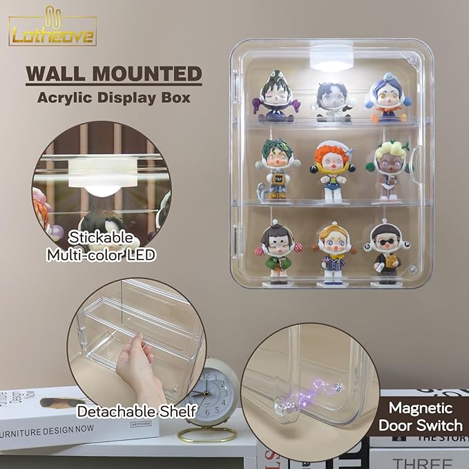 Clear Acrylic Display Case with Light, 3 Tiers Clear Display Case for Figures, Acrylic Storage Organizers Box with Magnetic Door, Wall-Mounted Dustproof Showcase for Collectibles Action Figure