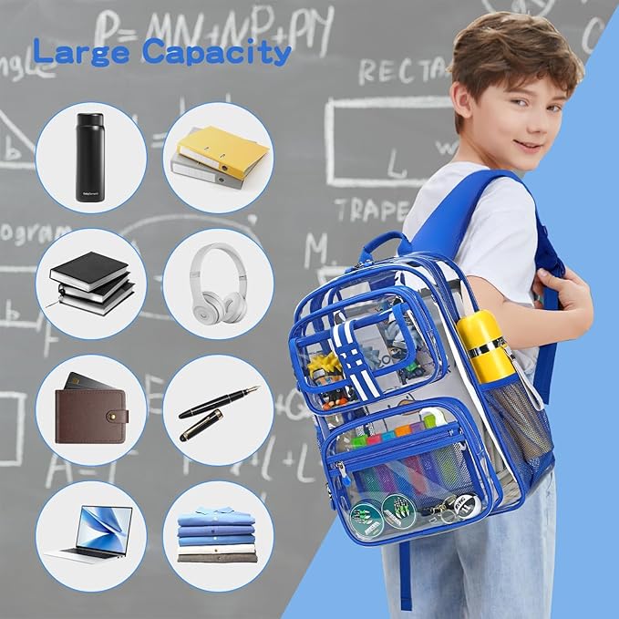 Cusangel Clear Large Backpack for School,16in Heavy Duty Clear BookBag,TPU Large Capacity See Through Backpack for Stadiums,Concerts,Plastic transparente para mujer for 8Age+ Boys Girls
