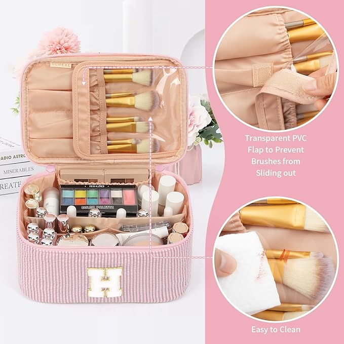 OCHEAL Makeup Bag Valentines Day Gifts for Women, Monogram Cosmetic Bag Pink Travel Makeup Case Beauty Toiletry Bag Organizer Personalized Gifts for Girls Bridesmaid, Sister, Wife, Friends Initial H