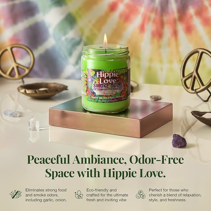 Hippie Love Smoke Odor Exterminator 13oz Jar Candle,