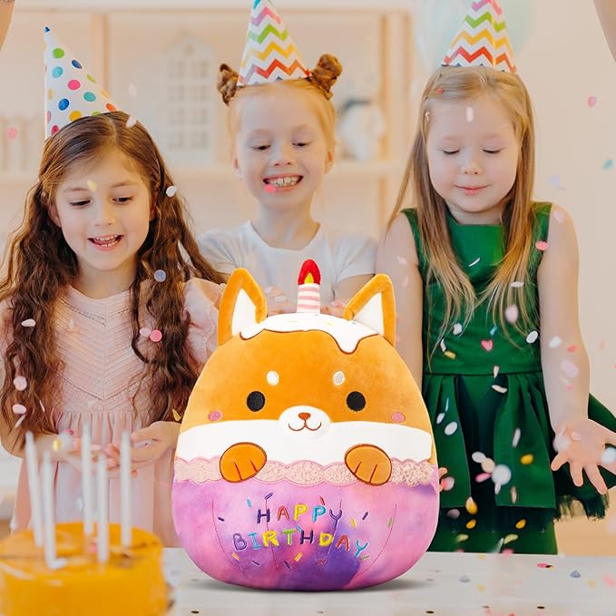 Athoinsu 14" Happy Birthday Dog Stuffed Animals Cute Shiba Inu Soft Puppy Plush Pillow Birthday Decor Toys with Candles Kawaii Plushie Gifts Toys for Toddlers Kids Boys Girls