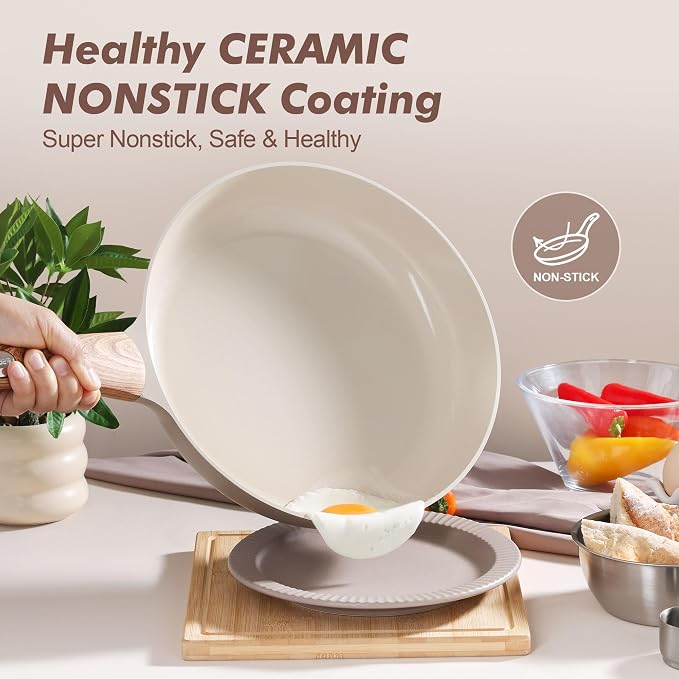 SENSARTE 9.5inch Ceramic Nonstick Frying Pan Skillet with Lid, Taupe | Non Stick Omelet Pans, Non-toxic Healthy Kitchen Cooking Chefs Pan, PFOA/PFAS/PTFE Free, Induction Compatible