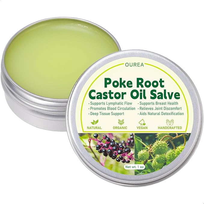 Poke Root Castor Oil Salve, Organic Lymphatic Support Massage Balm, Deep Tissue Ointment for Cyst, Boils, Breast, Fibroids, Swollen Lymph Nodes & Joint, Natural, Vegan - 1 Oz