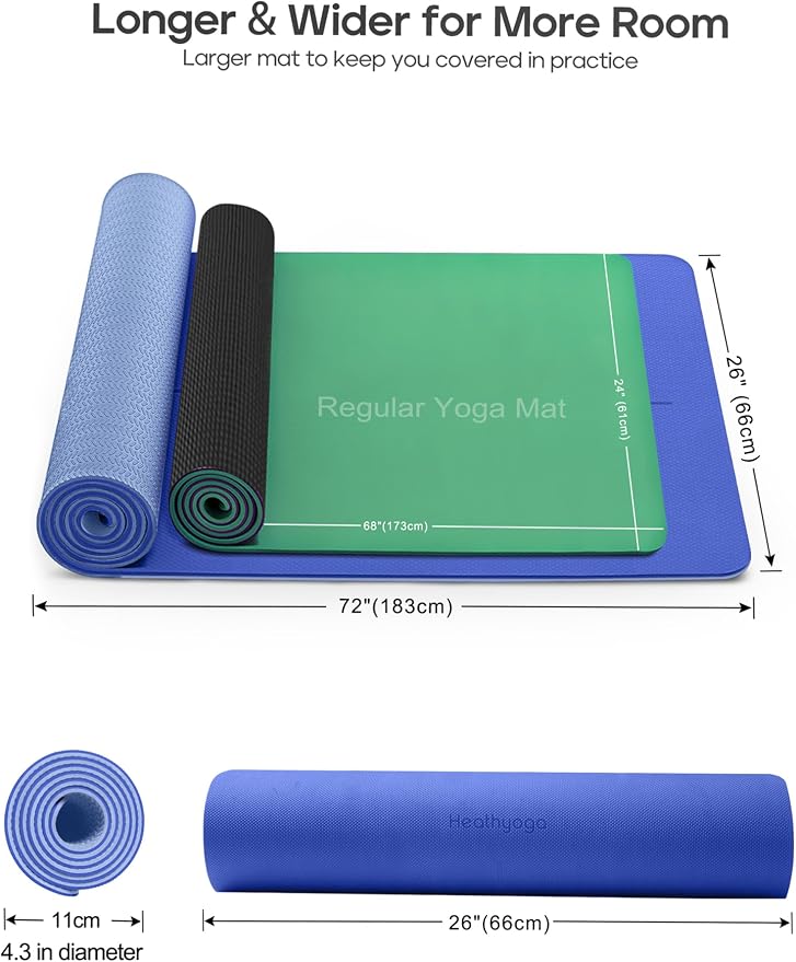 Heathyoga Yoga Mat Non Slip TPE Pilates Exercise Mats for Home Workout Gym Fitness Eco Friendly Thick Hot Yoga Mat with Strap Body Alignment,72"x 26" Thickness 1/4"