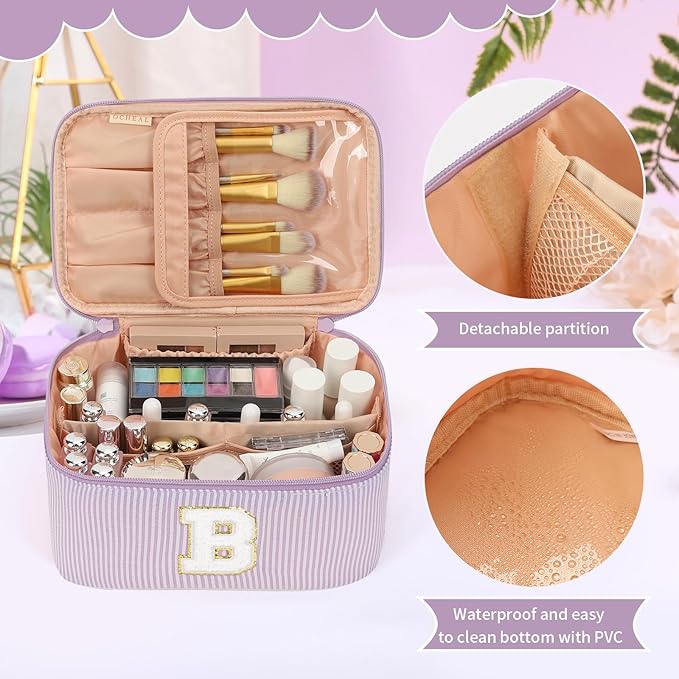 OCHEAL Makeup Bag Valentines Day Gifts for Women, Monogram Cosmetic Bag Purple Travel Makeup Case Beauty Toiletry Bag Organizer Personalized Gifts for Girls Bridesmaid, Sister, Wife, Friends Initial B