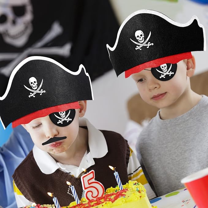 Halatool 12 Set Pirate Accessories for Kids, Include 12 Felt Pirates Hats with 12 Eye Patches and 12 Mustaches, Pirate Costume Accessories for Halloween, Masquerade, Cosplay, Party Favors Decor