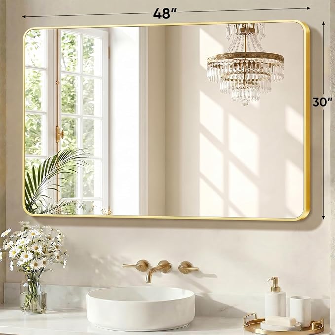 Sweetcrispy Bathroom Mirror for Over Sink, 30x48 Inch Wall Mount Mirror with a Rounded Rectangle and Matte Metal Frame, Modern Wall Vanity Mirrors for Home Decor, Living Room, Bedroom, Gold