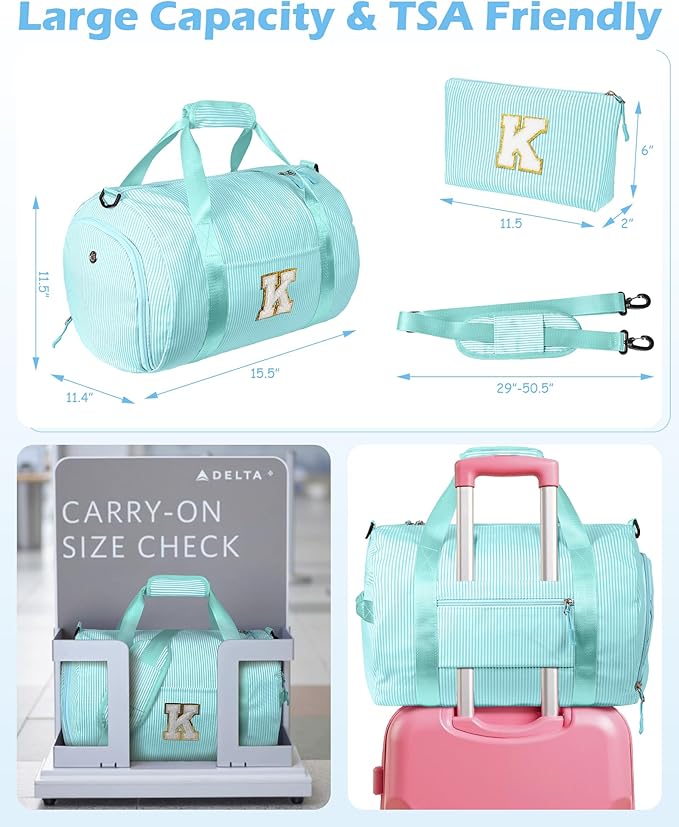 Tween Girl Gifts Trendy Stuff, Girls Travel Duffle Bag, Kids Initial Overnight Bags with Shoe Compartment, Personalized Weekend Bag with Cosmetic Pouch, Preppy Stuff (Letter E)