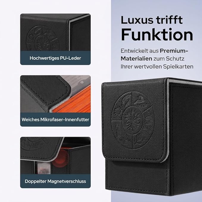 Card Deck Box for MTG Commander – Fits 100+ Single Sleeved Cards, Strong Magnet Deck Case for Magic: The Gathering, Premium PU Leather Storage for TCG CCG (Black)