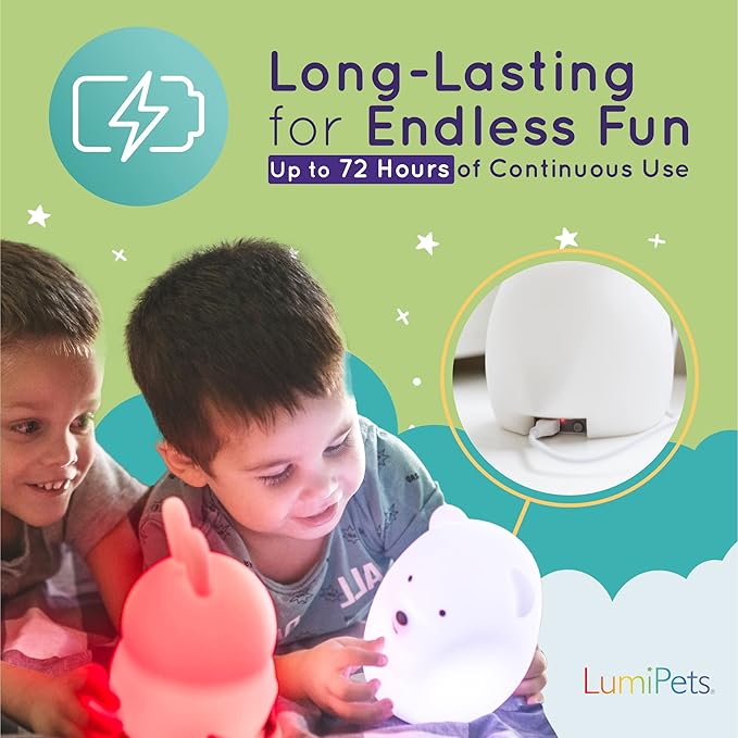 Lumipets Baxter The Bunny Squishy Night Light for Kids | Silicone Lamp with Tap & Remote Control | Rechargeable Color Changing Animal Night Light for Boys & Girls | Portable Nightlight with USB Cord