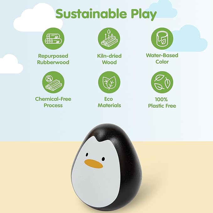 PlanToys® Penguin Wobbler Montessori Wooden Baby Sensory Toy for Tummy Time | Cause & Effect Developmental Toy for Babies 6+ Months