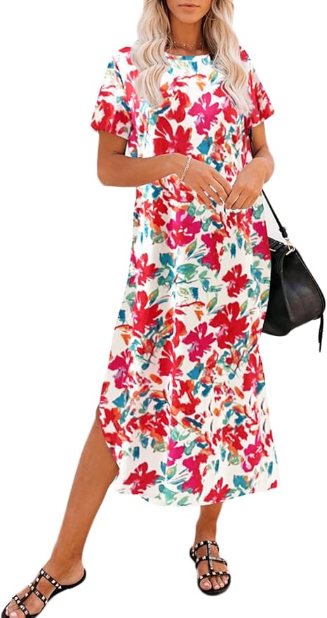 Naggoo Women's Casual T Shirt Midi Dress with Side Slit and Pockets