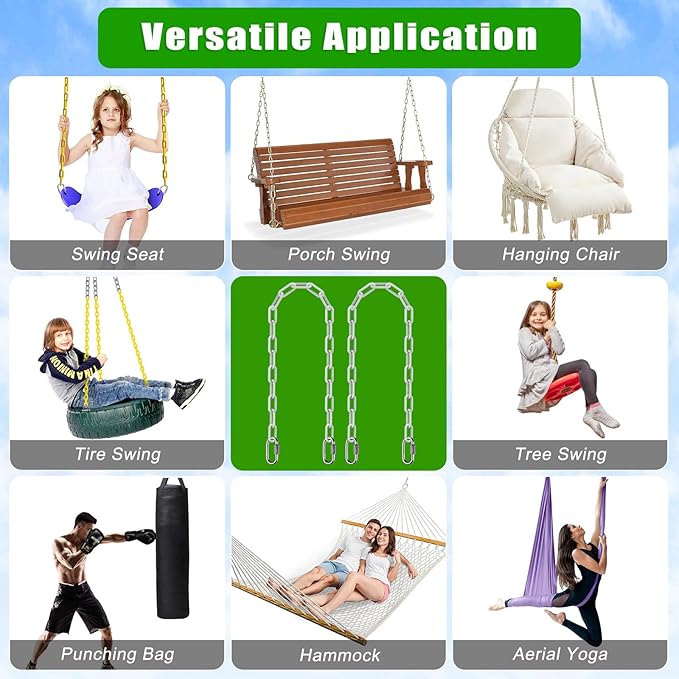 SELEWARE 2 Pack 100 Inch Hanging Swing Chain with 4 Carabiners, 1000LB Capacity Plastic Coated Hanging Chains, Hammock Hardware Kit for Swing, Hanging Chair, Punching Bags, Indoor Outdoor Gym (White)