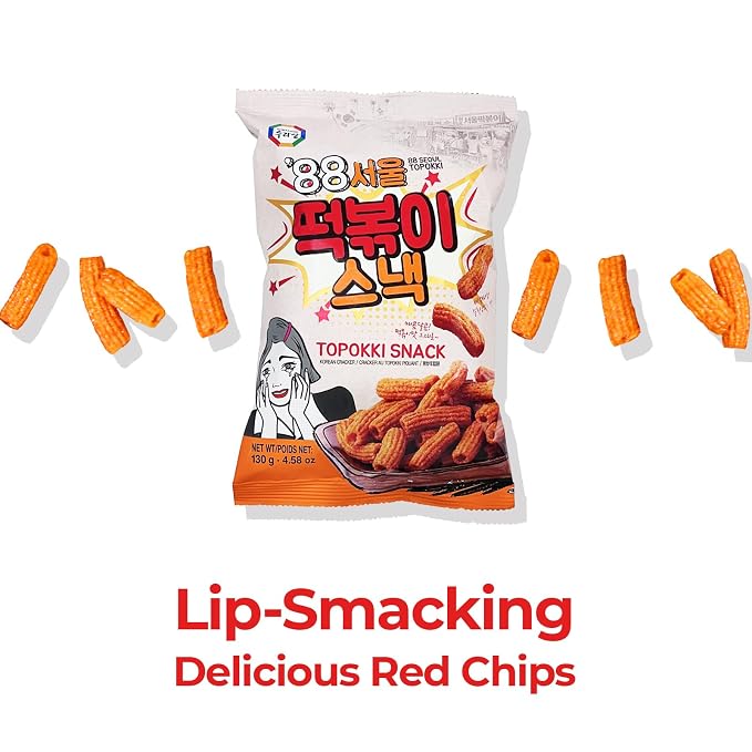 Surasang Tteokbokki Chips, Korean Sweet and Spicy Puffs | Crispy Korean Chips, Street Food Flavor, Korean Snacks Tteokbokki Taste, Pack of 1