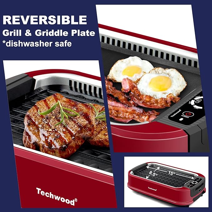 Indoor Smokeless Grill, Techwood 1500W Electric Indoor Grill with Tempered Glass Lid, Portable Non-stick Korean BBQ, Turbo Smoke Extractor Technology, Drip Tray& Double Removable Plate, Red