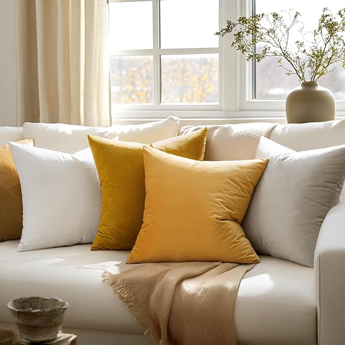 MIULEE 24x24 Inch Pack of 2 Euro Velvet Throw Pillow Covers Mustard Yellow | Soft Solid Decorative Euro Sham, Modern Luxury Home Decor, for King Bed Sofa Couch Bedroom Livingroom