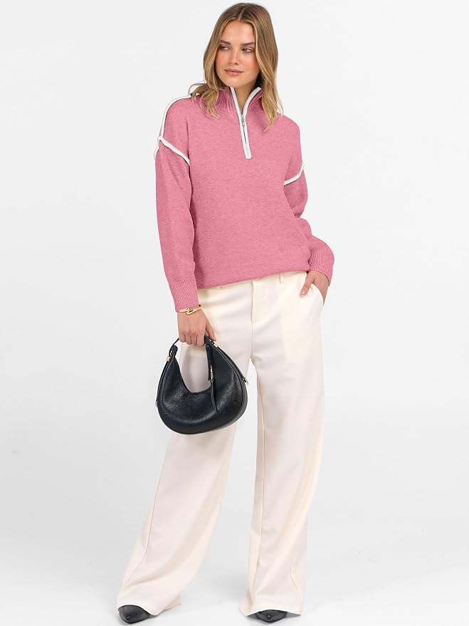 ANRABESS Womens Quarter Zip Sweaters Fall Long Sleeve V Neck Shirts Collared Business Casual Tops Knit Pullover Sweatshirts
