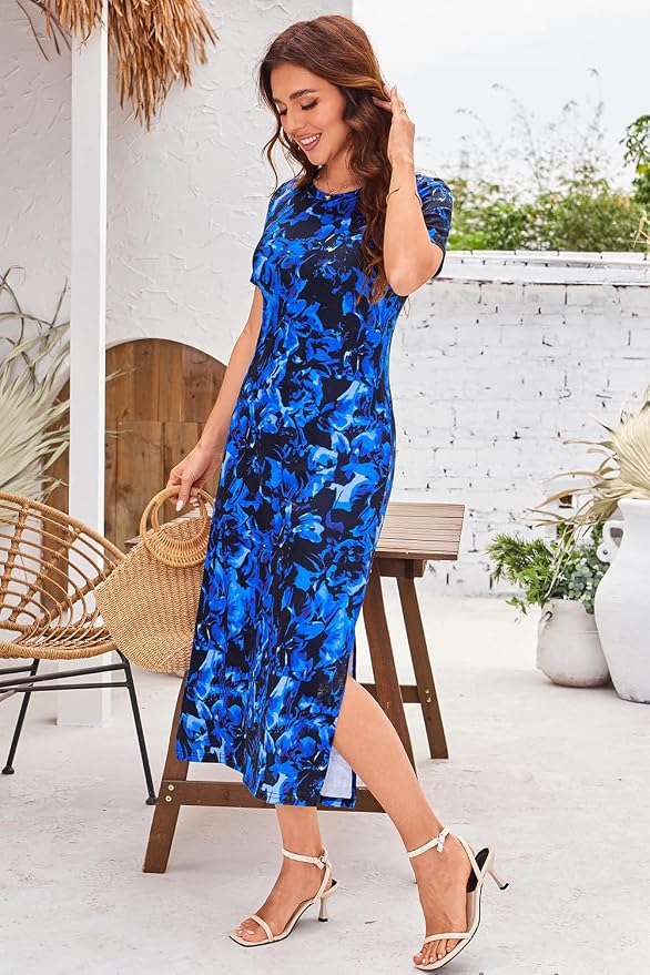 Naggoo Women's Casual T Shirt Midi Dress with Side Slit and Pockets