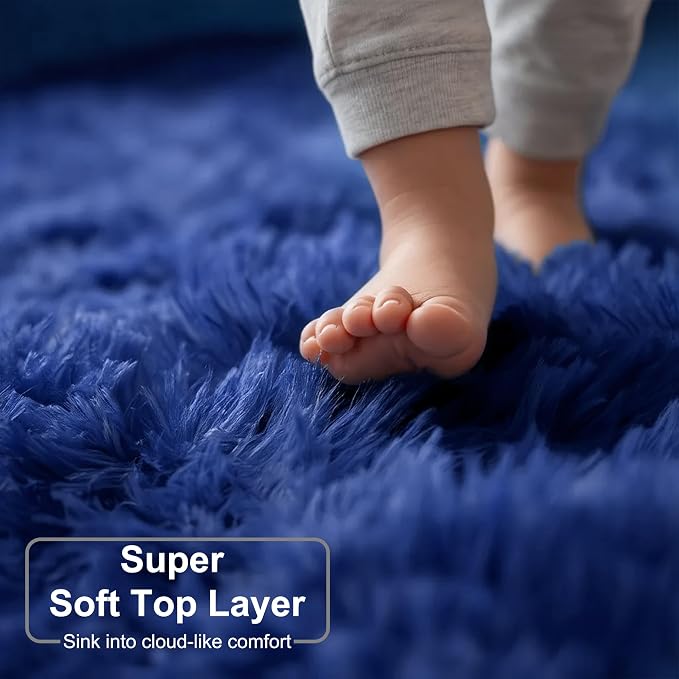 Amdrebio Navy Blue Furry Shaggy Area Rug 5x7 for Boys Bedroom Living Room | Fluffy Shag Plush Kids Carpet, Baby Nursery Playroom Classroom Apartment Decor, Coastal Aesthetic Ocean Nautical, Royal Blue