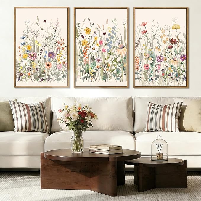 BINCUE Wildflower Wall Art Large Floral Wall Painting Neutral Print Pictures Decor for Living Room Bedroom Bathroom 3 Panel 36x24 Inches