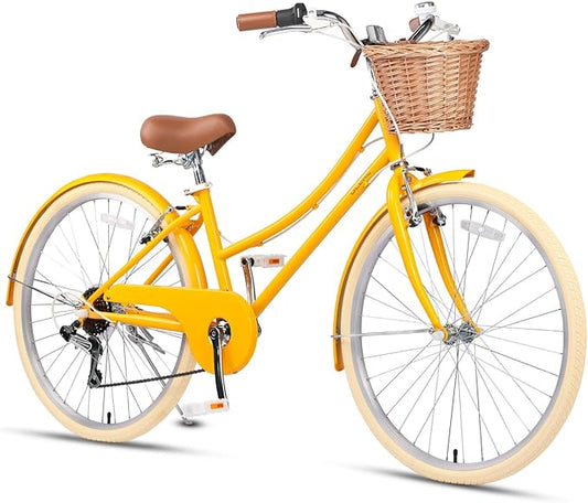 Glerc 20 24 26 Inch Beach Cruiser Bike, 6-Speed Hybrid City Bicycle for Girls Youth and Over 6 Years Old, Missy Bike with Wicker Basket & Lightweight, Multiple Colors