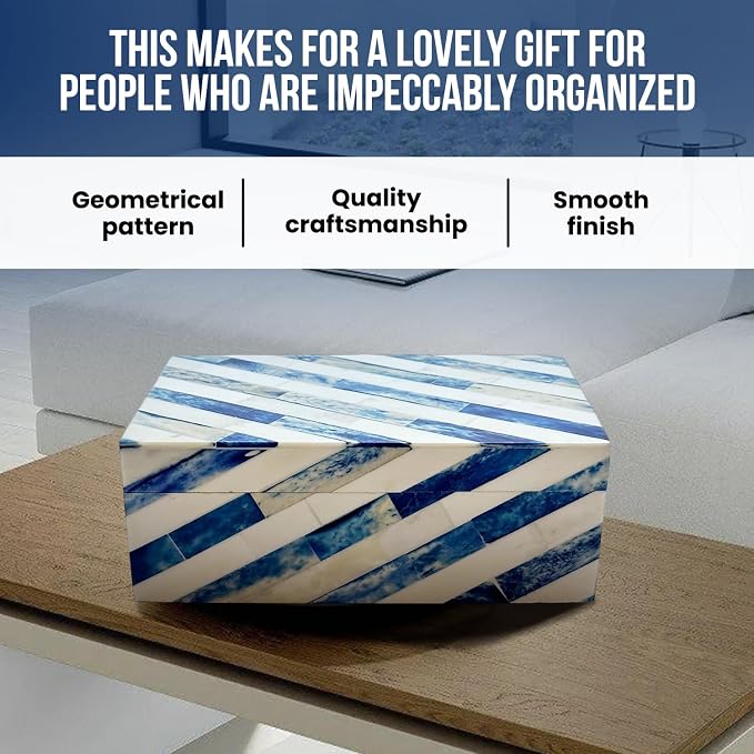 Perilla Home Home Decor Decorative Storage Wooden Box Small Lazio Organizer Tool Stash Card Craft Treasure Trinket Memory Keepsake Jewelry Box for Men and Women, Gifts For All, Blue and Off White