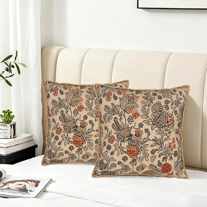 KSLIDS Art Boho Floral Soft Velvet Throw Pillow Covers Set of 2 Beige Rust Botanical Flowers Decorative Pillow Covers 18x18 Inch Farmhouse Vintage Pillow Case for Sofa Couch Living Room Home Decor