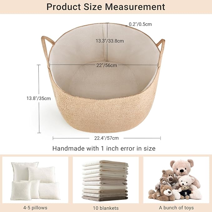 Mkono Woven Storage Basket for Blanket, Toys Plant Organizer, 22"W x 13.8"L | Brown, Jute, Decorative Basket with Handle, Wood Beads Tassel, Shoes Towel Clothes Storage Bin, Living Room Bedroom Nursery