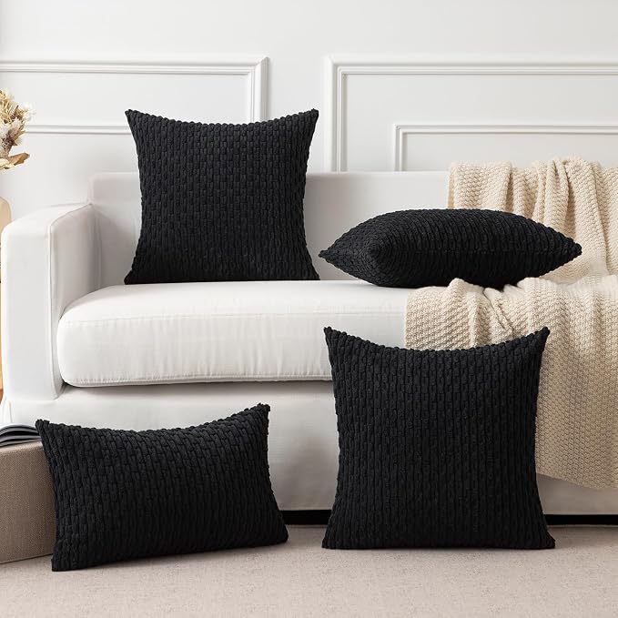 Kevin Textile Soft Corduroy 12"x20" Lumbar Pillow Cover 1 Pack, Black | Boho Stripe Plush Corduroy Decorative Oblong Cushion Cover Modern Farmhouse Home Decor for Sofa Couch Bed Chair