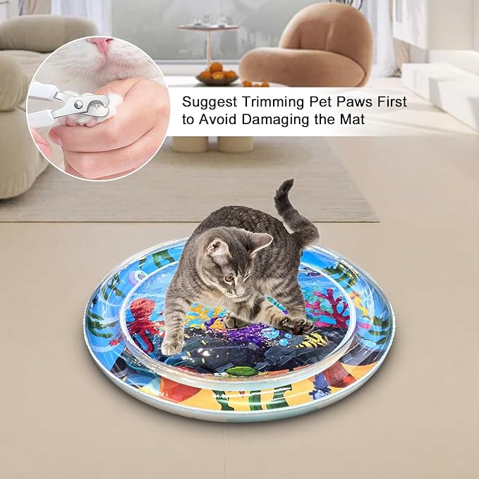 Inflatable Cat Dog Baby Water Mat Toy, [Newly Upgraded, 2 Layers Thickened] Premium Anti-Scratch Leak Proof Mat, with Floating Fish for Indoor Kitten Cats & Kids to Swatting Exercise Hunting (Octopus)