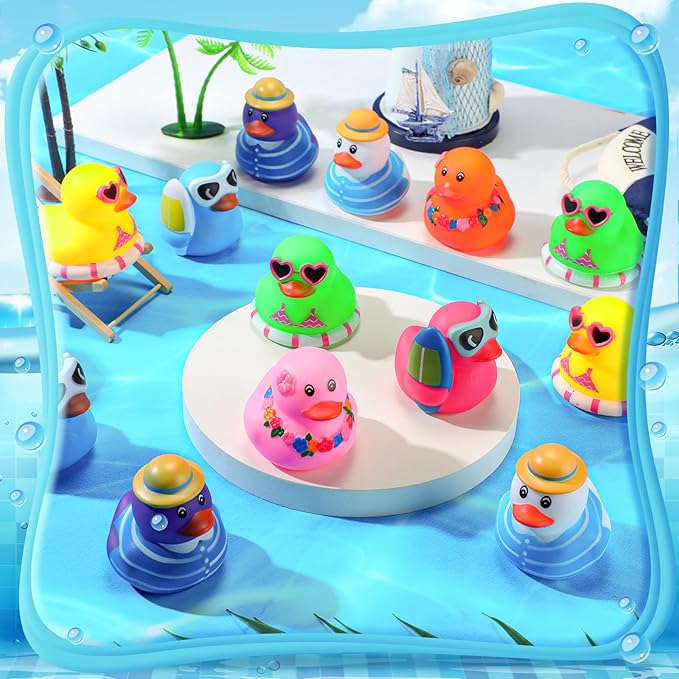 Honoson Summer Beach Rubber Duckies Bulk Mini Rubber Duck Bath Toys Float Bathtub Ducky Cute Squeaky Ducky for Classroom Carnival Summer Birthday Baby Shower Party Favor(8 Colors,72 Pcs)