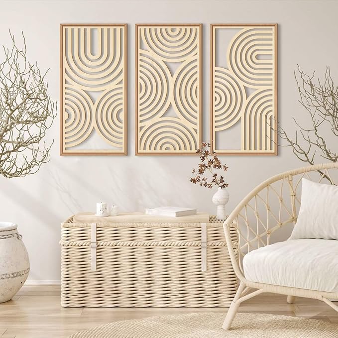 IARTTOP Large Boho Wood Wall Art Set of 3 Framed Wooden Mid-Century Modern Wall Decor Minimalist Modern Abstract Geometric Decor for Living Room Bedroom Office-16x32 Inch