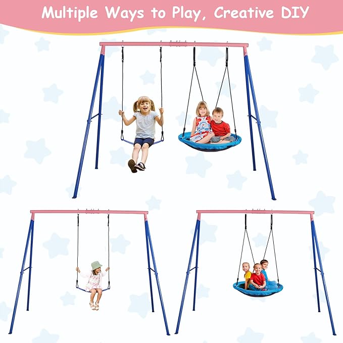 Lunafun Outdoor Swings for Kids, 440lbs, Heavy-Duty A-Frame Metal Outdoor Swing Stand, 1 Saucer & 1 Belt Swing Seat for Playground, Backyard Blue
