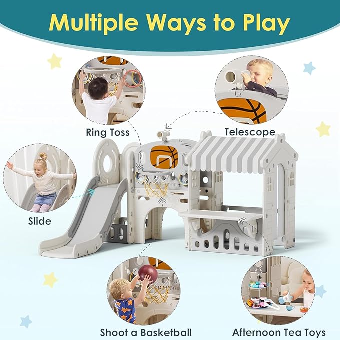 BIERUM 10 in 1 Toddler Slide with Basketball Hoop, Outdoor Slide for Toddlers Age 1-3 with Kid Playhouse, Indoor Toddler Playset Toddler Playground with Kitchen Toys Set Beige Gray