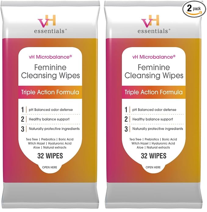 vH essentials Feminine Cleansing Wipes - pH Balanced, Prebiotics, Tea Tree & Aloe, Soothing Witch Hazel, Odor-Blocking Formula, Vaginal and Perianal Care, Paraben, Alcohol, and Fragrance-Free