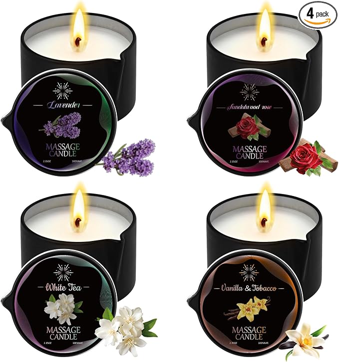 4 Pack Massage Candle Set, Low Temp Scented Massage Oil Candles, Soy & Coconut Oil Based Candles for Home Spa Relaxation