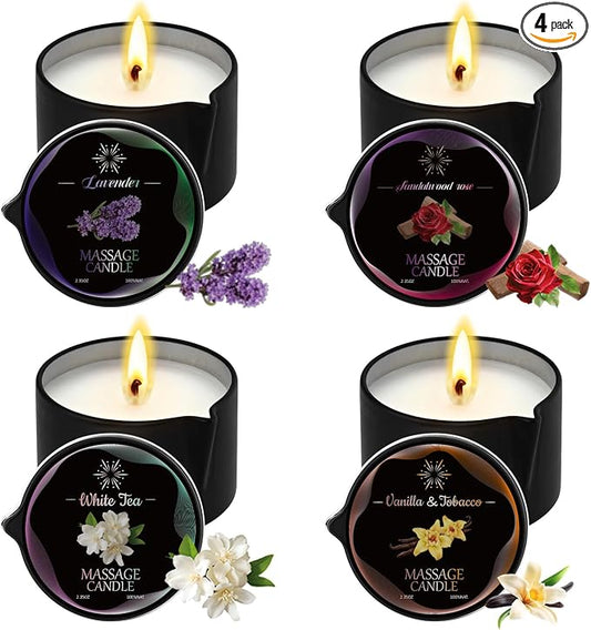 4 Pack Massage Candle Set, Low Temp Scented Massage Oil Candles, Soy & Coconut Oil Based Candles for Home Spa Relaxation