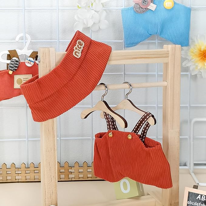 Doll Clothes for 17cm Dolls, Cute Outfit Set with Accessories, Bucket Hat and Overalls (No Doll) (Rust Overalls Set)