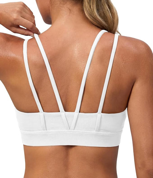 Aoysky Sports Bras for Women Buttery Soft Strappy Padded Sports Bra Double Spaghetti Straps Wireless Yoga Workout Crop Tops